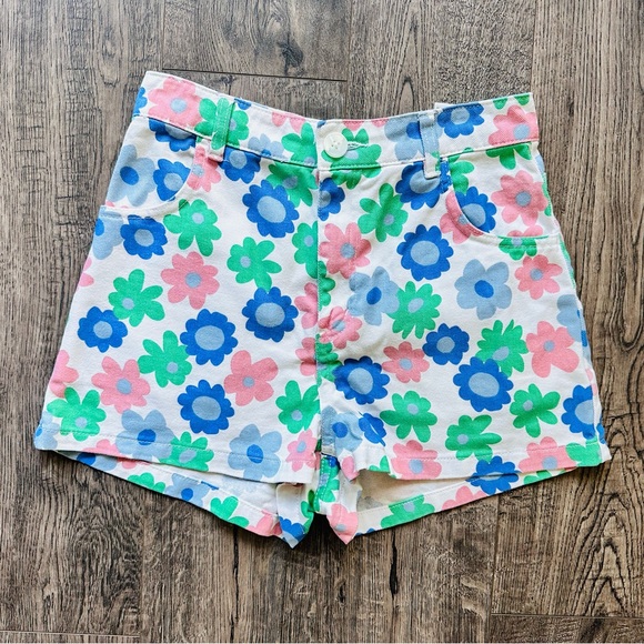 Flower Power High Waisted Shorts Daisy Floral Print Mod White Denim - Picture 1 of 6